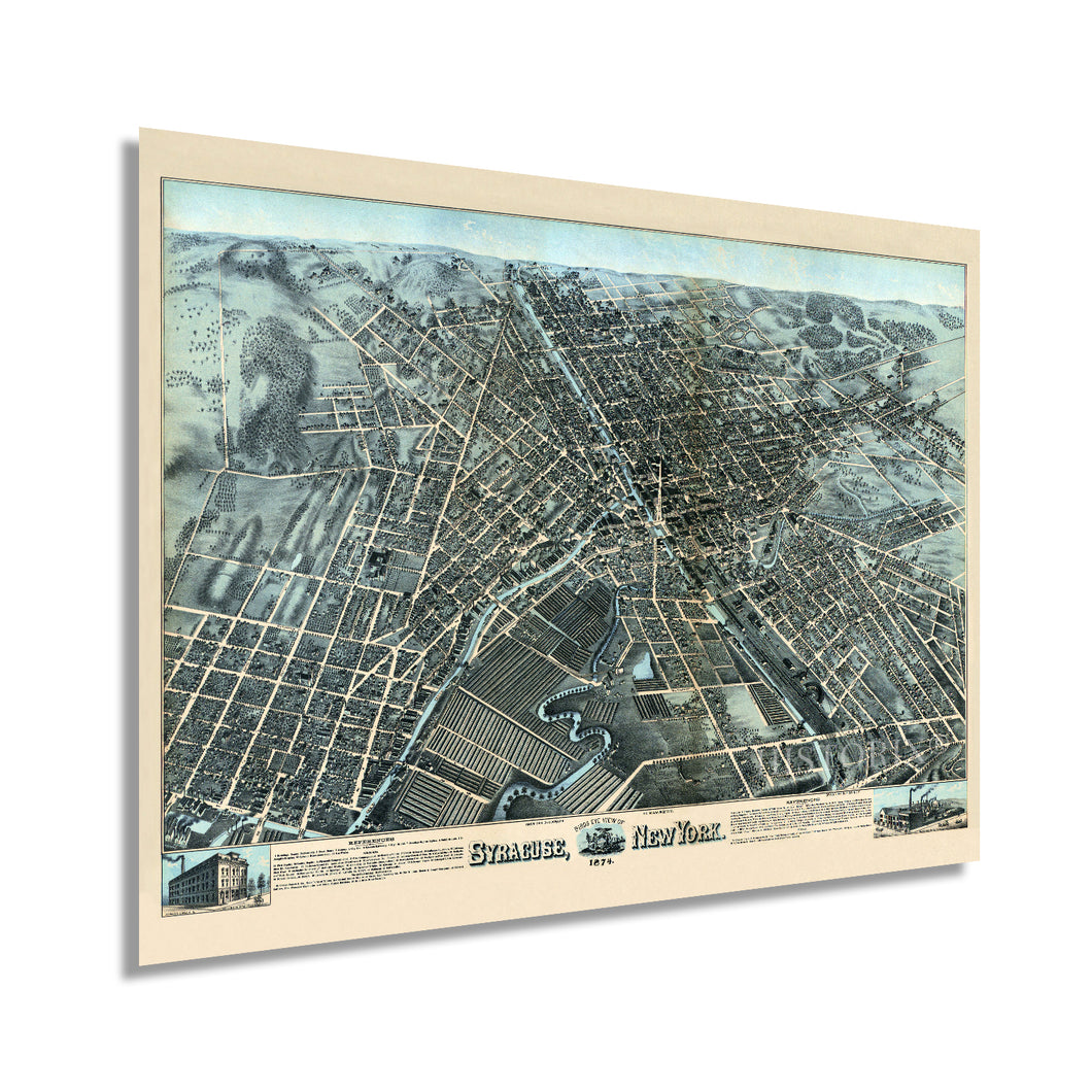 Digitally Restored and Enhanced 1874 Syracuse New York Map Wall Art - Old Map of Syracuse NY Wall Decor - Historic Birds Eye View of Syracuse Poster with Index and Points of Interest