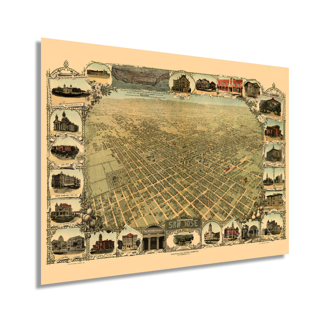 Digitally Restored and Enhanced 1901 San Jose California Map - Vintage Map of San Jose Wall Art - Old Birds Eye View Historic Map of San Jose CA Includes Illustrations of Points of Interest