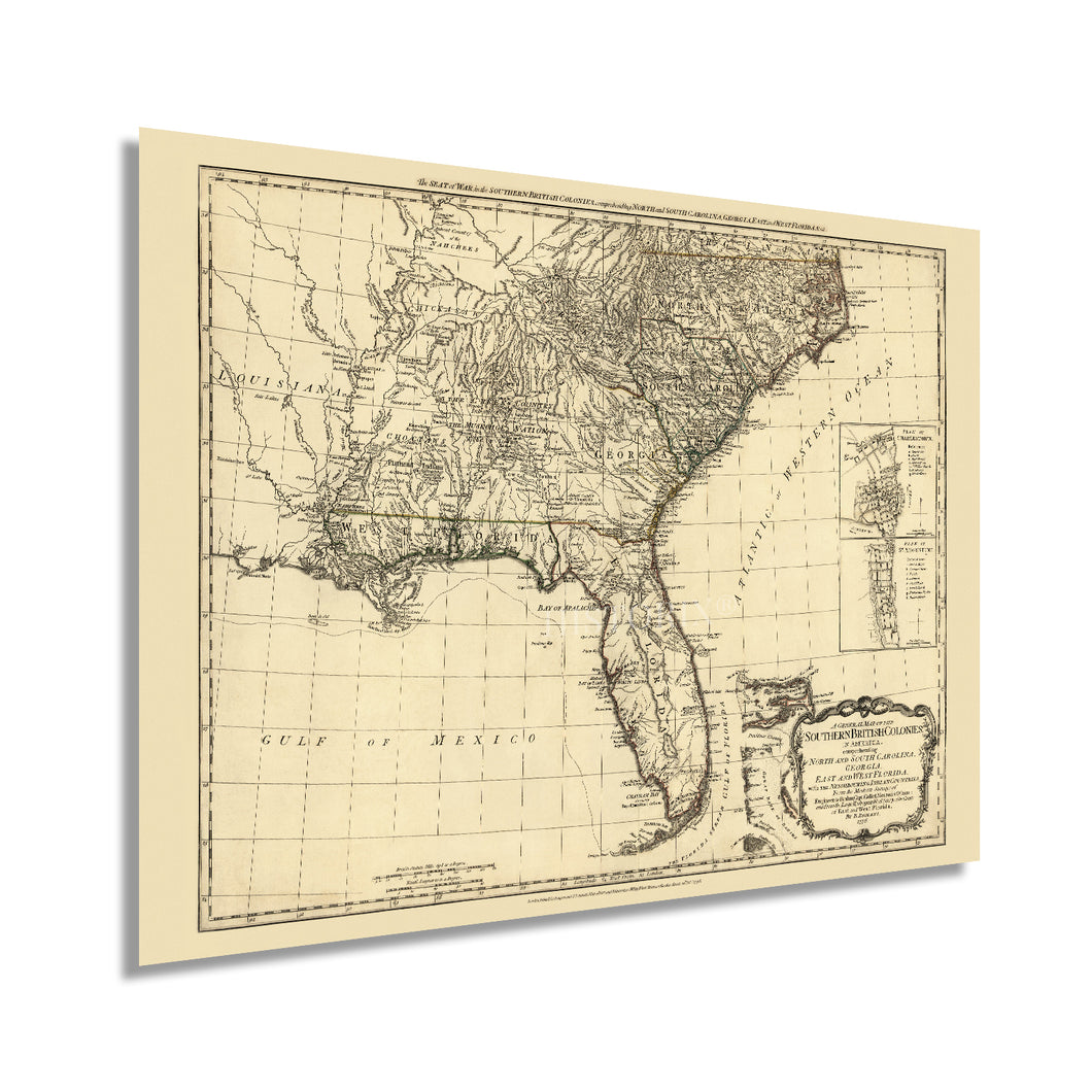 Digitally Restored and Enhanced 1776 Vintage Map of Southern British Colonies in America - Vintage USA Map of South Atlantic showing Carolinas Georgia Florida
