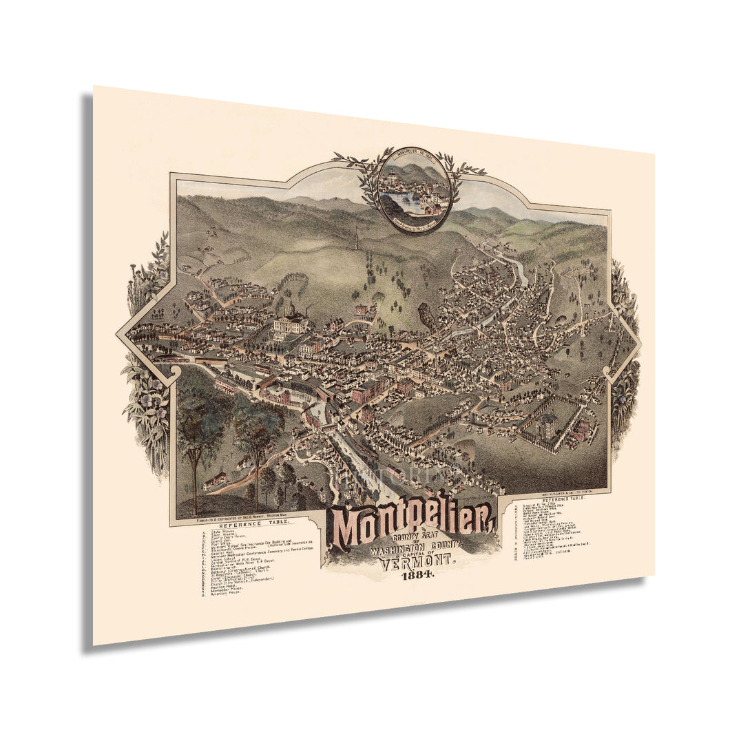 Digitally Restored and Enhanced 1884 Montpelier Vermont Map - Vintage Montpelier VT Wall Art - Old Montpelier Vermont Map - Bird's Eye View of Montpelier Washington County Vermont Poster
