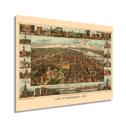 Digitally Restored and Enhanced 1855 Harrisburg Pennsylvania Map Poster - Vintage Harrisburg PA Map Wall Art - Old Harrisburg Pennsylvania Map - Historic Aerial View of Harrisburg Map Print