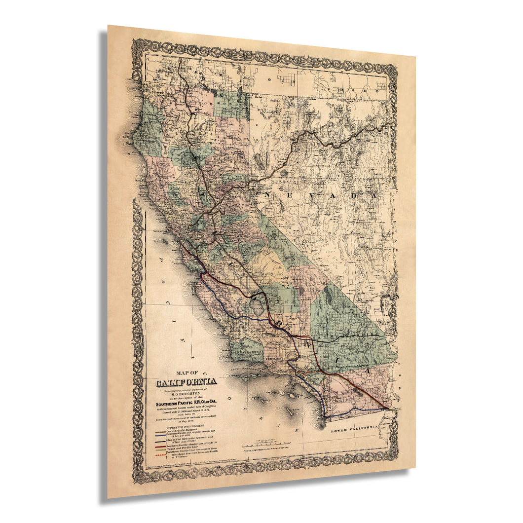 Digitally Restored and Enhanced 1876 Map of California - Vintage Map Wall Art - Map of California Poster - Southern Pacific Railroad Railway - Old Map of California - California Wall Map