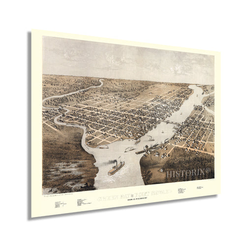 Digitally Restored and Enhanced 1867 Green Bay Wisconsin Map - Vintage Green Bay Poster - Historic Green Bay Wall Art - Bird's Eye View of Green Bay and Fort Howard Wisconsin - Old Green Bay Wall Decor