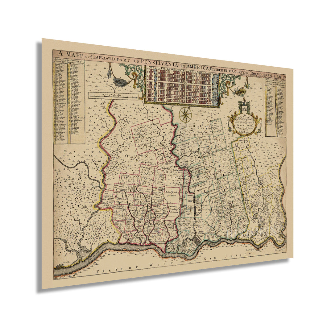 Digitally Restored and Enhanced 1687 Philadelphia Pennsylvania Map - Old Philadelphia PA Vintage Map Wall Art - Philadelphia Map Print Showing Counties Townships Lots - Philadelphia Map Poster
