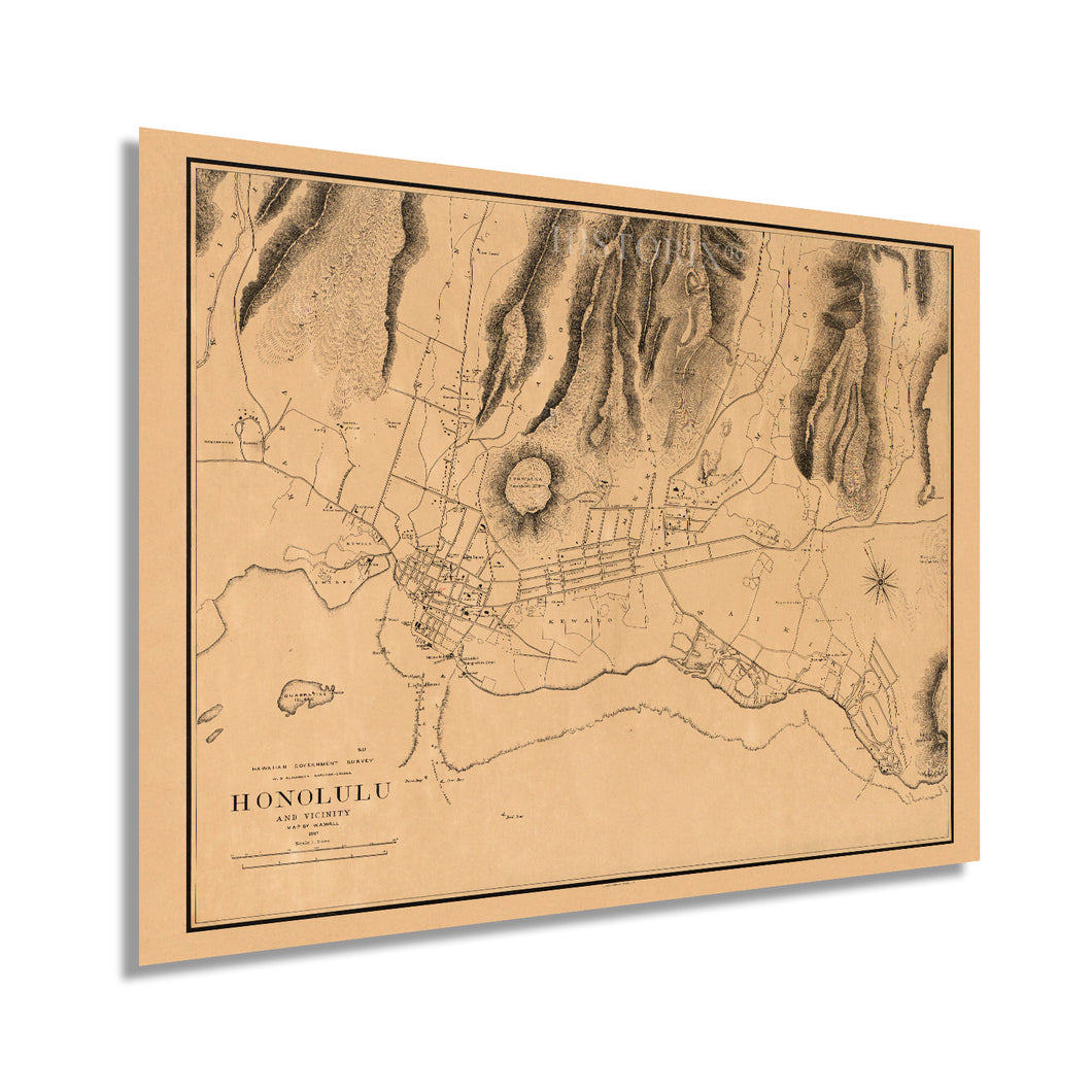 Digitally Restored and Enhanced 1887 Honolulu Hawaii Map Poster - Vintage Map of Honolulu Wall Art - Old Honolulu Map - Historic Honolulu HI and Vicinity Showing Drainage and Public Buildings