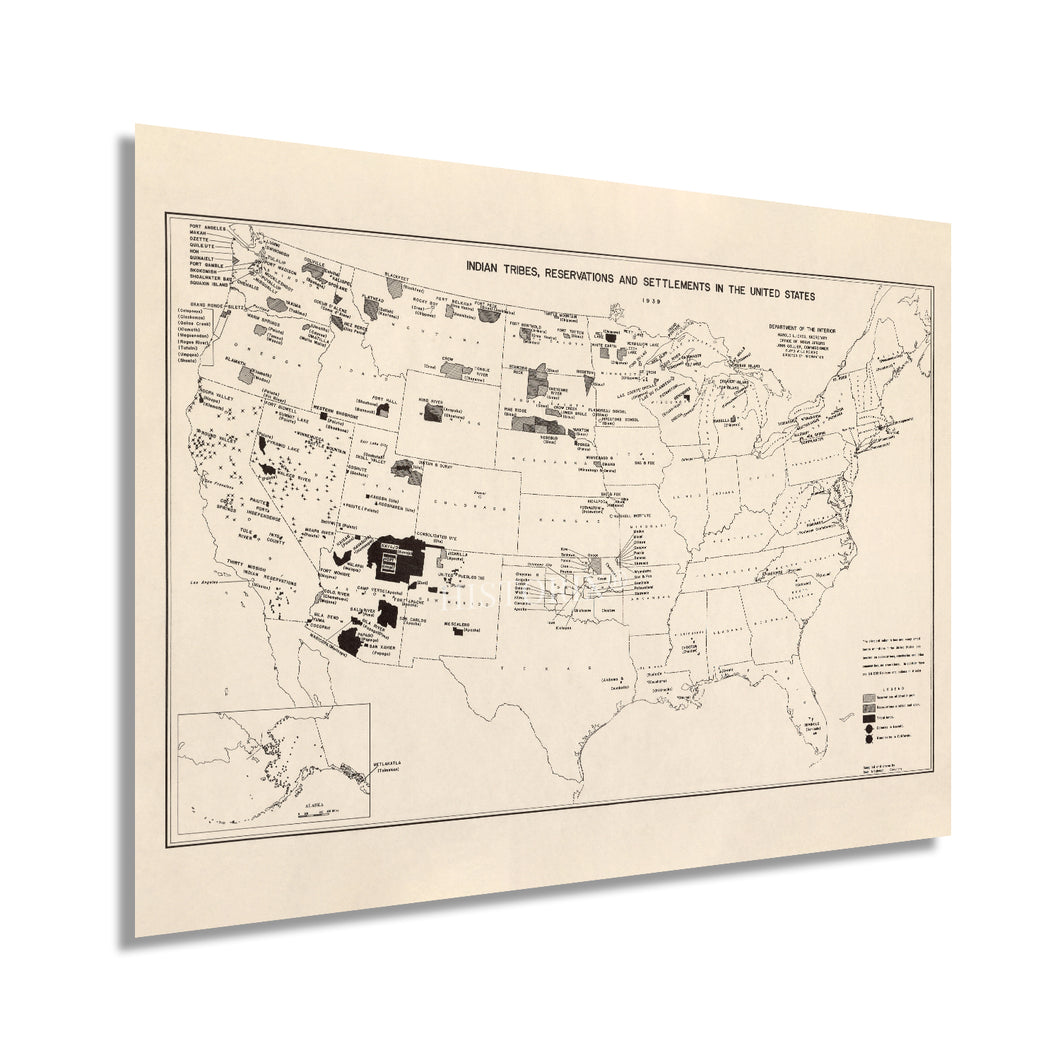 Digitally Restored and Enhanced 1939 Indian Tribes Reservations & Settlements United States Map Poster - Vintage Map of United States Wall Art - History Map of Native American Tribes of USA Map Poster