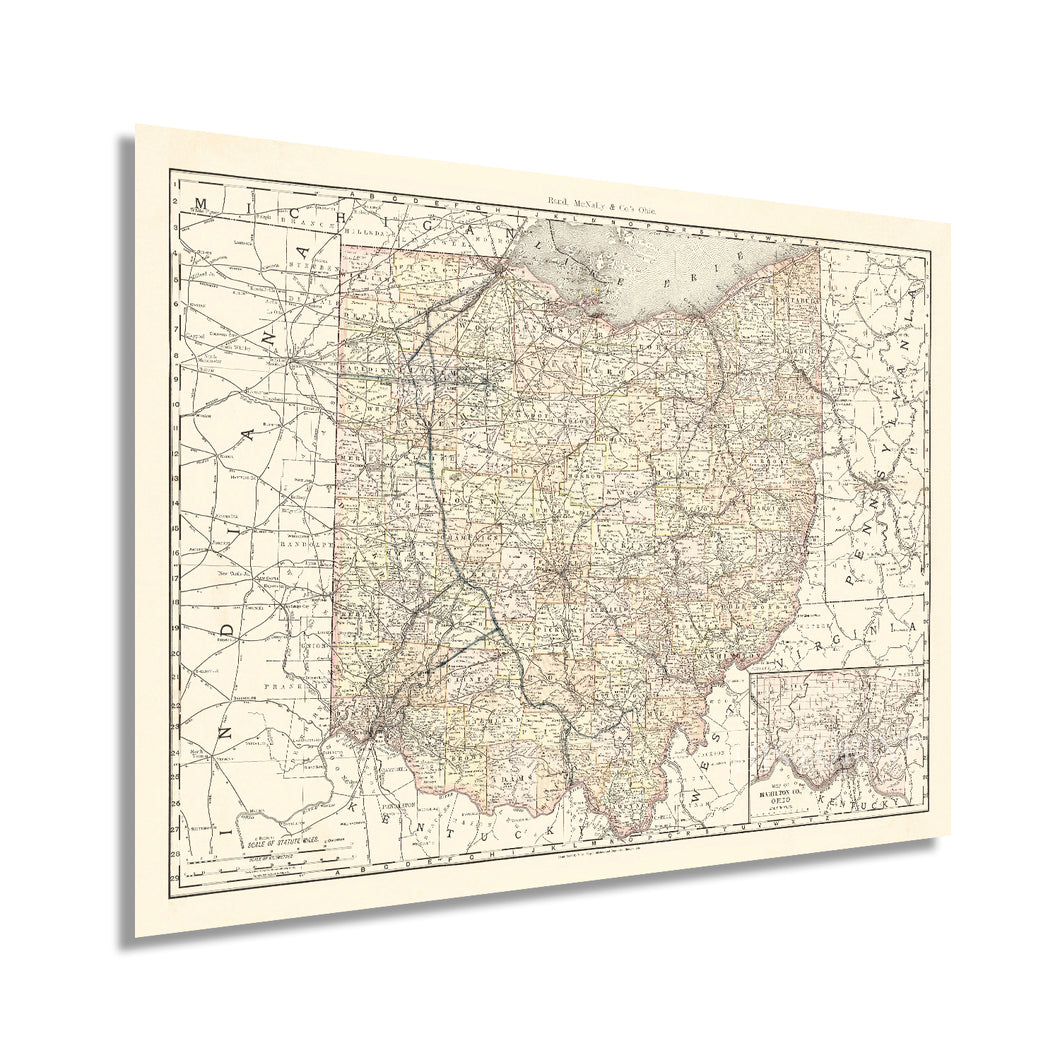 Digitally Restored and Enhanced 1894 Ohio Map Poster - Vintage Map of Ohio State Wall Decor - Ohio State Map - Old Ohio State Poster Showing Counties and Railroad Lines - Ohio State Wall Art