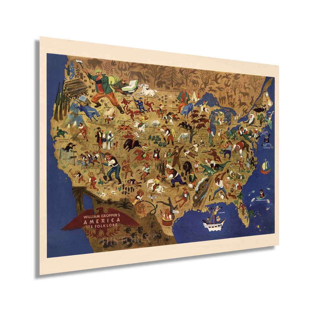 Digitally Restored and Enhanced 1946 Map of America and its Folklore - William Gropper's America Pictoral Map - Vintage United States Map Wall Art - Vintage USA Map Poster - USA Map Wall Art