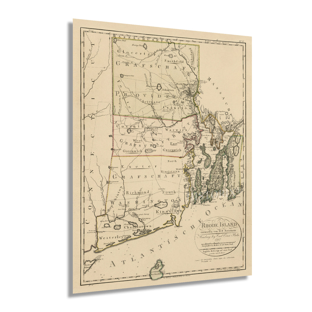 Digitally Restored and Enhanced 1797 Rhode Island Map - Vintage Map of Rhode Island Wall Art Decor - Rhode Island Poster Shows Counties and Subdivisions - Place names in German and/or English