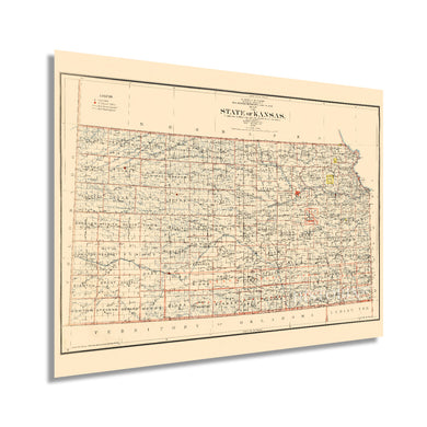 Digitally Restored and Enhanced 1898 Kansas State Map - Vintage Map of Kansas Wall Art Decor - Old Kansas Map Poster Showing County Seats Land Offices Indian Reservations and Railroads