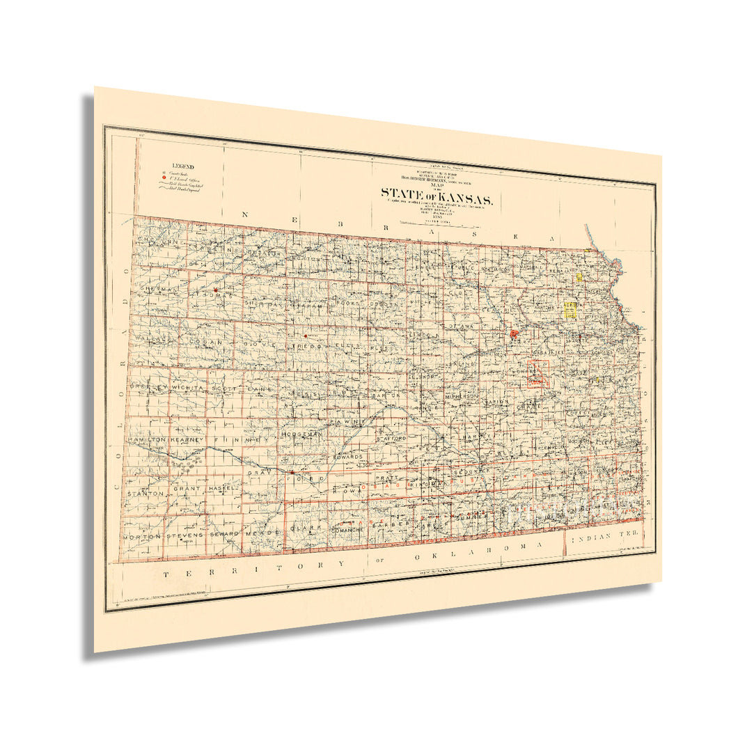 Digitally Restored and Enhanced 1898 Kansas State Map - Vintage Map of Kansas Wall Art Decor - Old Kansas Map Poster Showing County Seats Land Offices Indian Reservations and Railroads