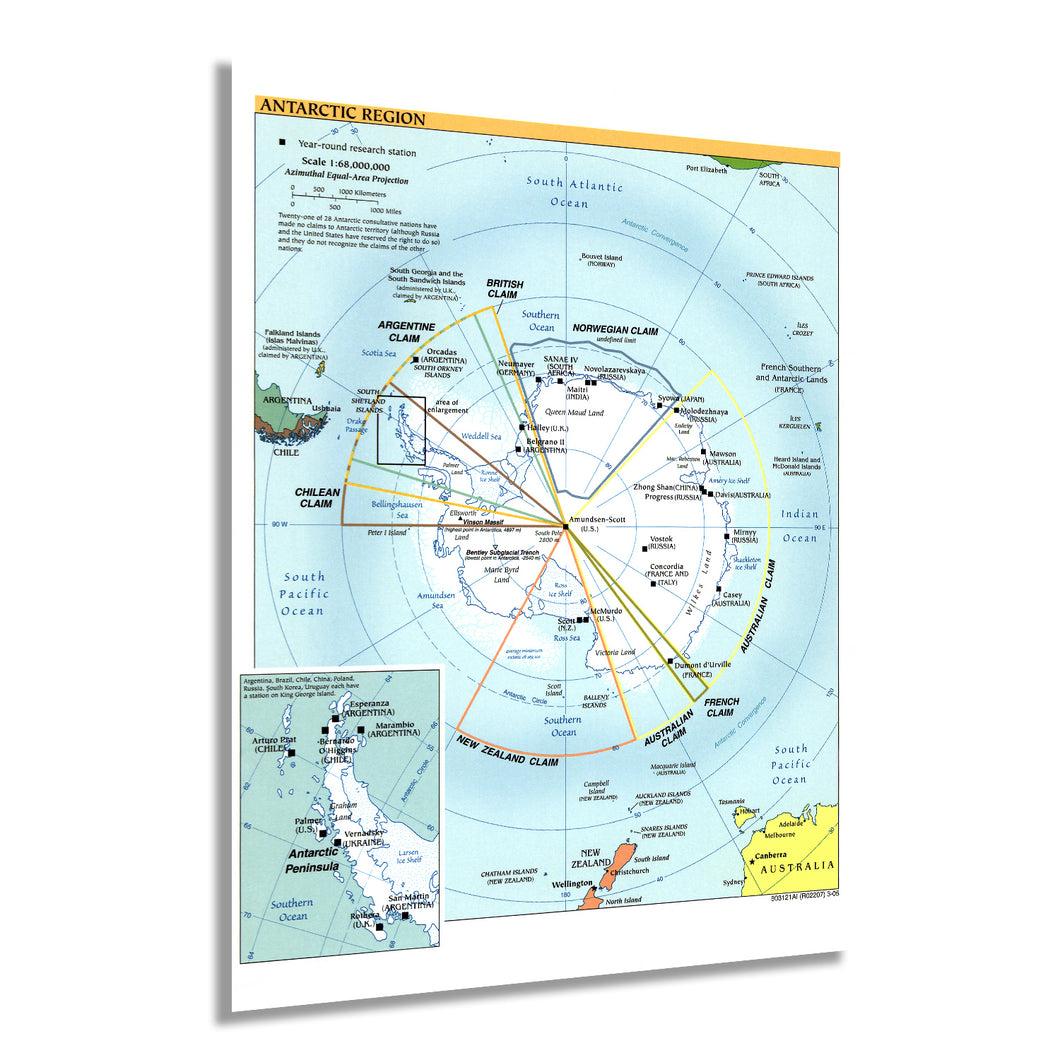 Digitally Restored and Enhanced 2005 Map of the Antarctic Region - Antarctic Peninsula Map - Shows Territorial Claims and Year-Round Research Stations - Antarctica Poster - Map of Antarctica