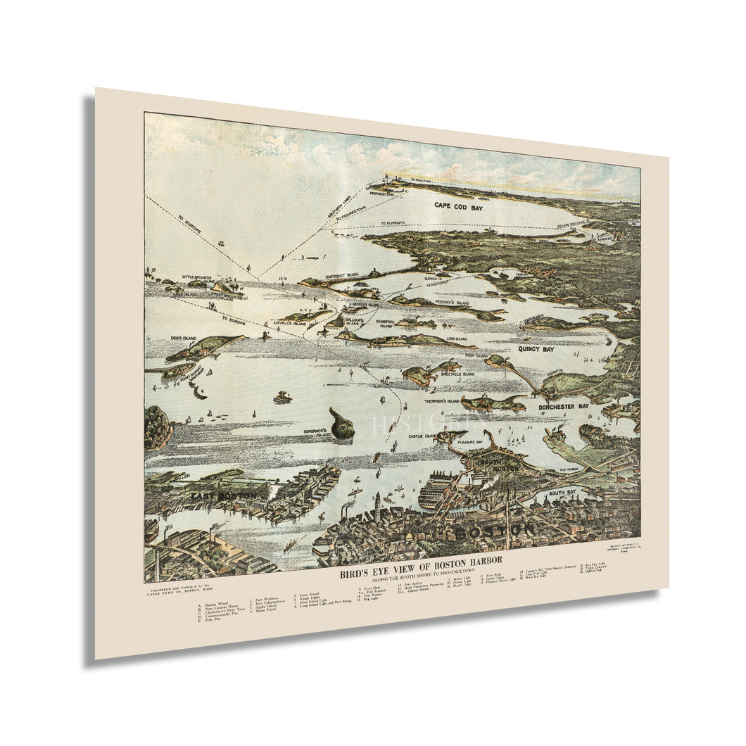 1920 Boston Harbor Map - Vintage Boston Poster - Old Boston Map Wall Art - Restored Bird's Eye View Map of Boston Harbor Islands Along the South Shore to Plymouth