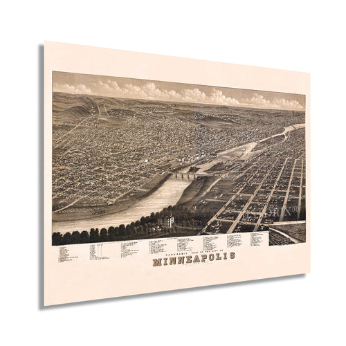 Digitally Restored and Enhanced 1879 Minneapolis Minnesota Map Poster - Vintage Minneapolis Map Print - Old Minneapolis Wall Art - Panoramic View of Minneapolis MN Looking North West