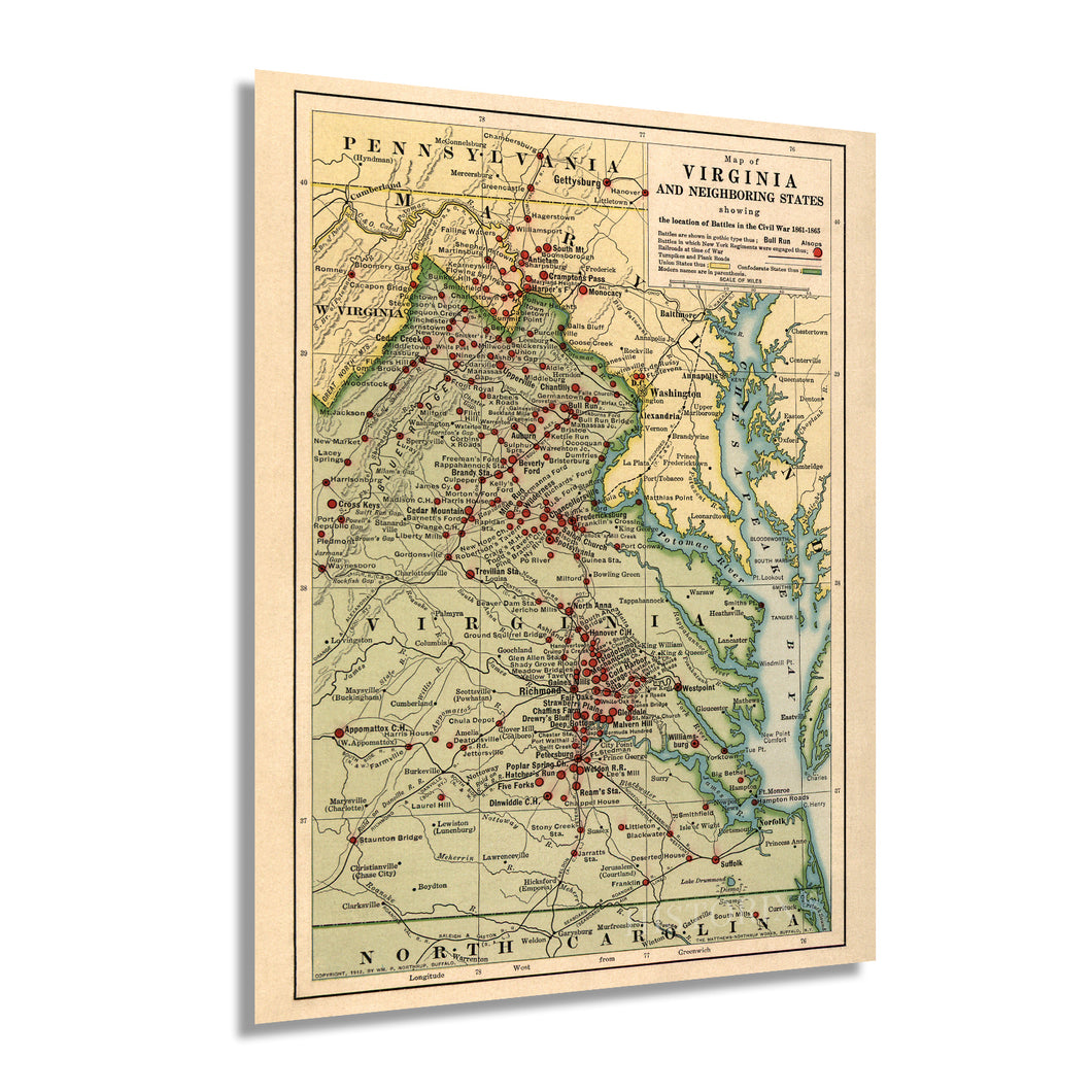 Digitally Restored and Enhanced 1912 American Civil War Battle Map - Vintage Map of Virginia and Neighboring States Showing Civil War Battle Locations 1861-1865 - US Civil War Map Poster Print