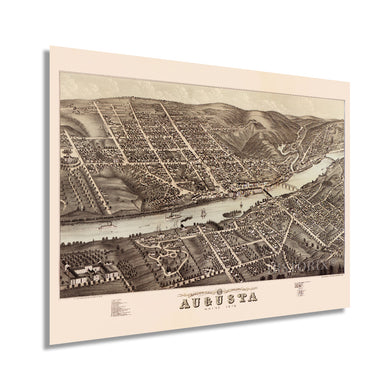 Digitally Restored and Enhanced 1878 Augusta Maine Map Poster - Vintage Augusta Poster Wall Art - Old Augusta Maine Map - Bird's Eye View of Augusta ME Oriented with North to The Right