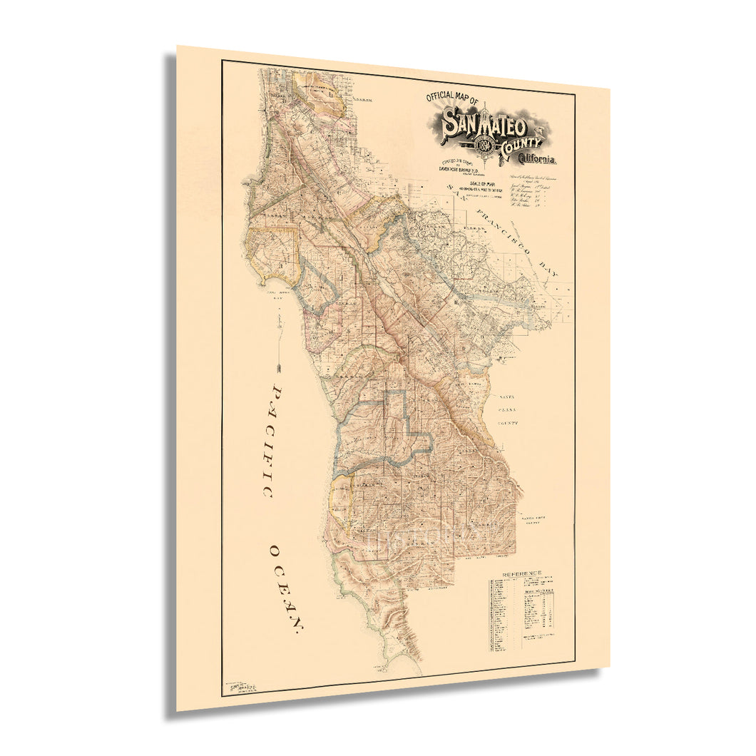 Digitally Restored and Enhanced 1894 San Mateo County California Map Poster - Vintage Map of San Mateo County Wall Art - Old Map of San Mateo County Showing School Districts and Distances