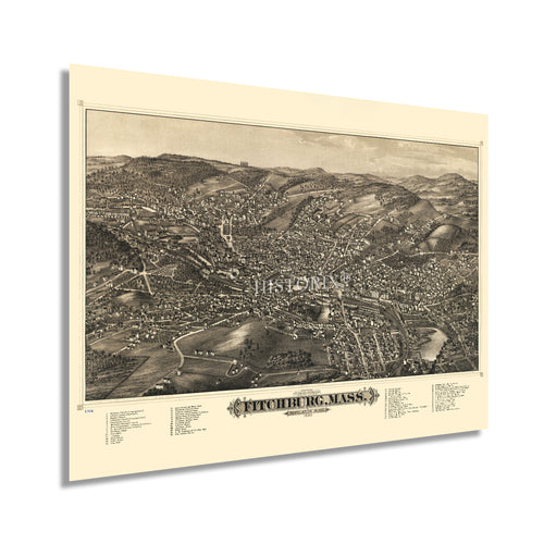 Digitally Restored and Enhanced 1882 Map of Fitchburg Massachusetts Poster - Fitchburg Massachusetts Wall Map History - Old City of Fitchburg MA Map Print