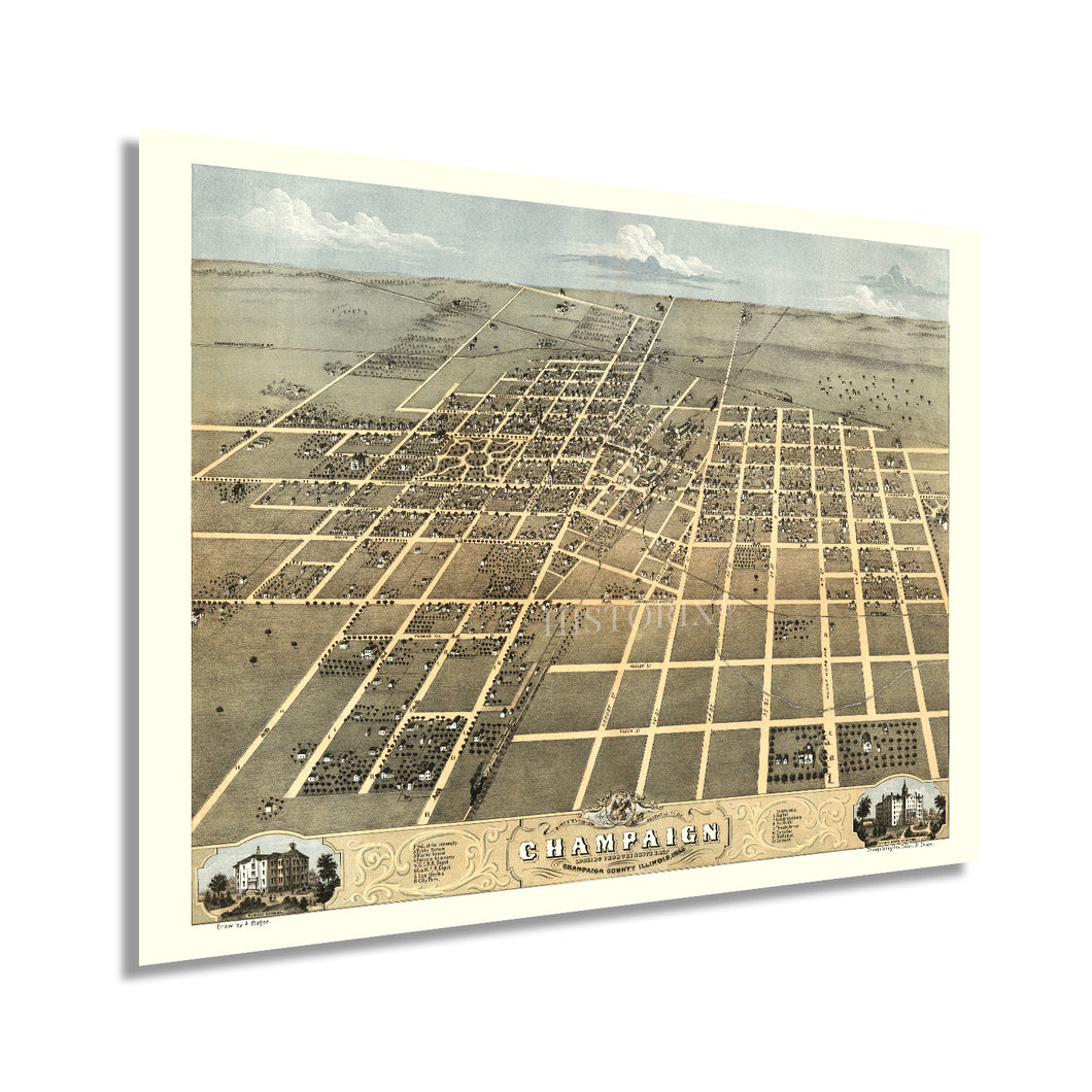 Digitally Restored and Enhanced 1869 Champaign Illinois Map - Old Champaign City Champaign County Illinois Poster - History Map of Champaign IL Wall Art