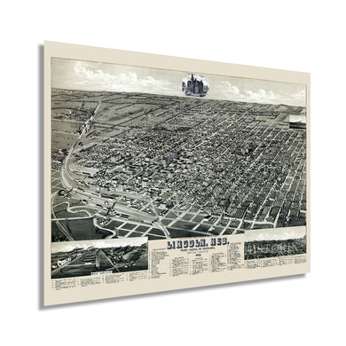 Digitally Restored and Enhanced 1889 Lincoln Nebraska Map - Vintage Lincoln Nebraska Wall Art - Old Lincoln Nebraska Map - Historic Birds Eye View of Lincoln Nebraska Poster