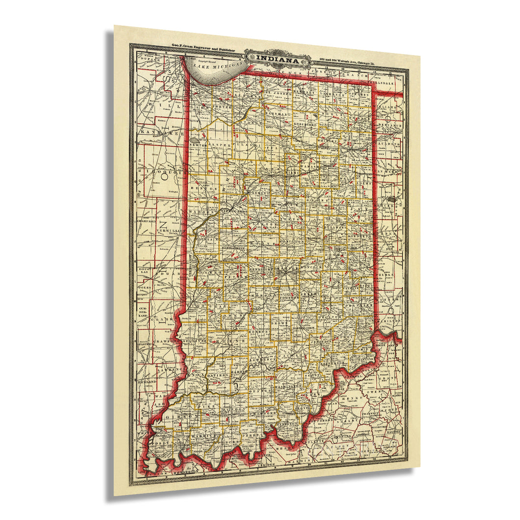 Digitally Restored and Enhanced 1888 Indiana State Map - Vintage Map of Indiana Wall Art - Vintage Indiana Map Poster with County, City, Town and Railroad Map - Indiana Wall Map