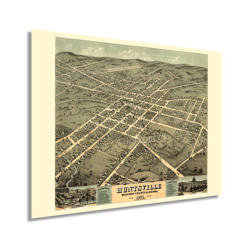 Digitally Restored and Enhanced 1871 Huntsville Alabama Map - Old Huntsville AL Map Wall Art - History Map of Huntsville Madison County Alabama Poster