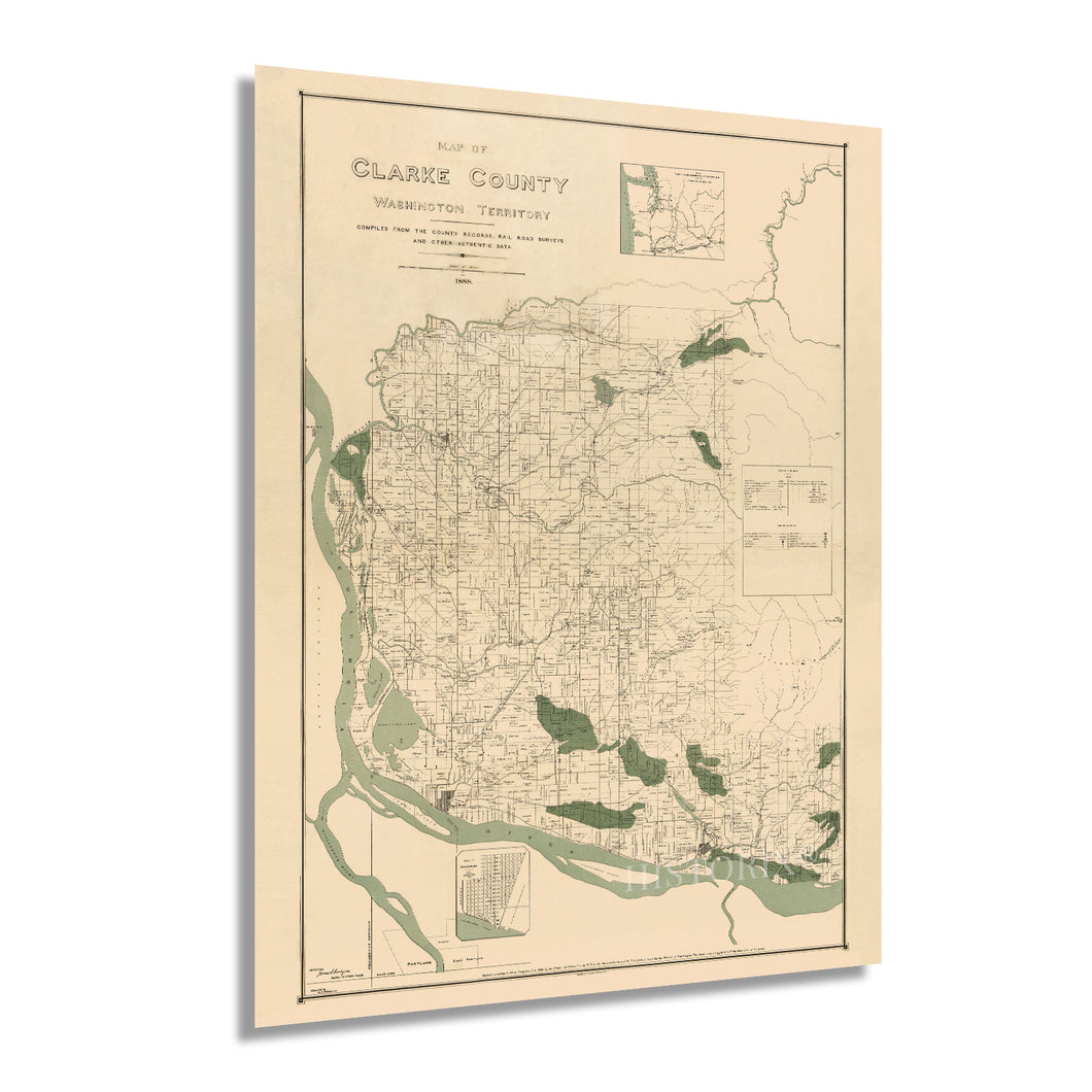 Digitally Restored and Enhanced 1888 Clark County Washington Map Poster - Vintage Vancouver Washington Map Clark County Wall Art - Old Clark County WA Territory Map with Landowner Names and Data