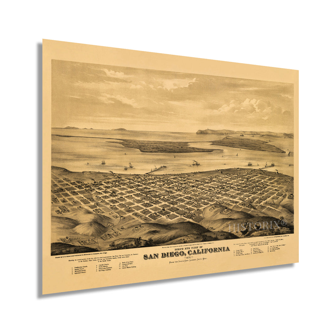 Digitally Restored and Enhanced 1876 San Diego Map Poster - Vintage Map of San Diego California - Old San Diego Wall Decor Art - Birds Eye View of San Diego Wall Map Showing Points of Interest
