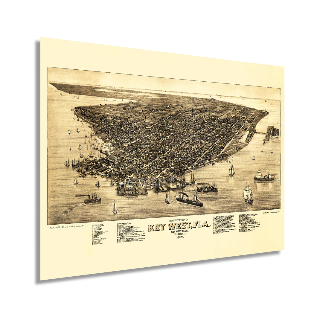 Digitally Restored and Enhanced 1884 Map of Key West Florida - Vintage Key West Poster - Historic Key West Wall Art - Restored Key West Vintage Poster - Bird's Eye View of Key West History Map Print