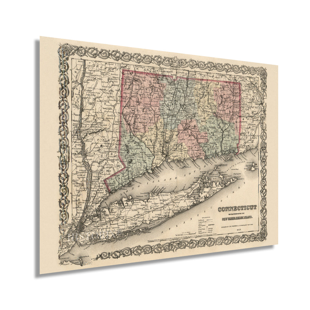 Digitally Restored and Enhanced 1859 Connecticut State Map with Portions of New York & Rhode Island - Vintage Map of Connecticut Wall Art - Old Map of CT - Connecticut Map Poster Decor