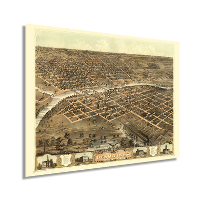 Digitally Restored and Enhanced 1868 Des Moines Iowa Map Poster - Vintage Des Moines Wall Art - Old Map of Des Moines IA - Bird's Eye View of The City of Des Moines Capital of Iowa States