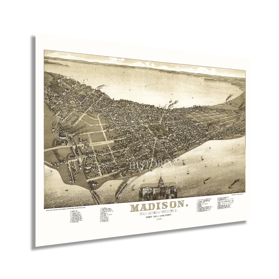 Digitally Restored and Enhanced 1885 Madison Wisconsin Map - Vintage Map of Madison Wisconsin - Old Madison City Map of Wisconsin - Dane County Madison Map - Bird's Eye View of City of Madison Wall Art