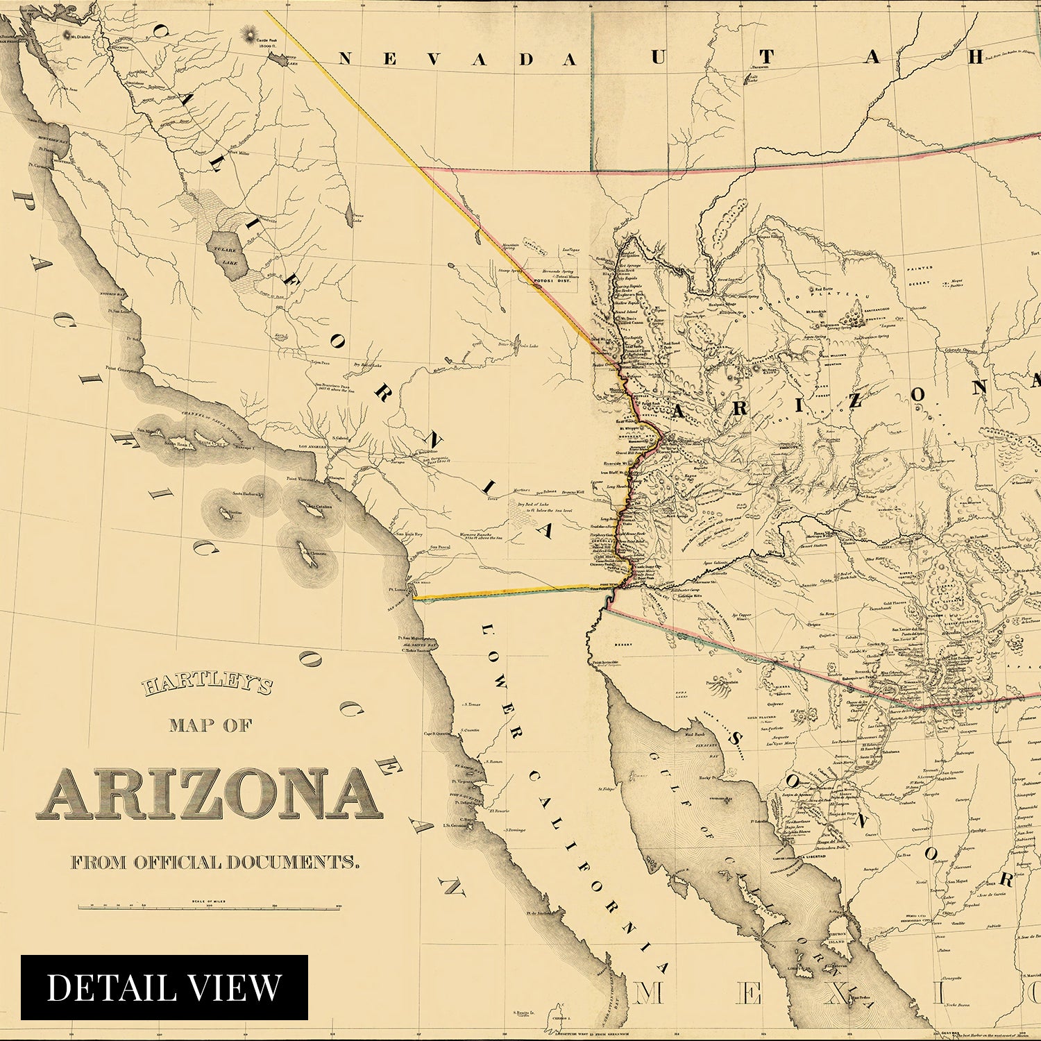 1865 Map of Arizona From Official Documents Wall Art Print – Historic Prints, image size:1500x1500