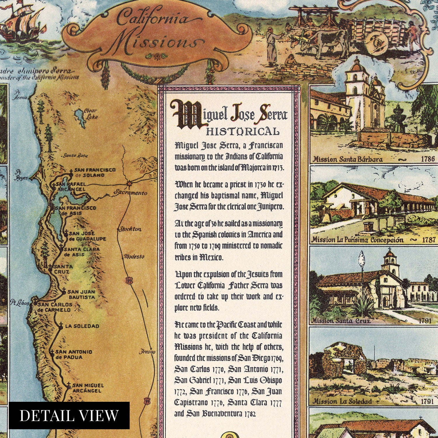 1949 California Missions United States Map Wall Art Print – Historic Prints