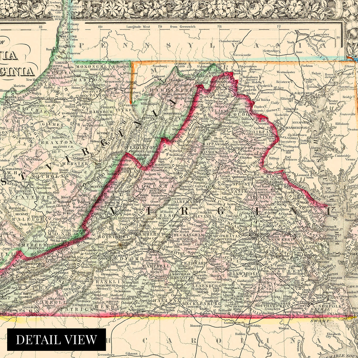 1863 county map of virginia west virginia state wall art print