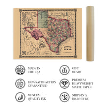 Load image into Gallery viewer, Digitally Restored and Enhanced 1866 Texas Map Poster - Vintage Texas Map - Texas Map Wall Art - Old Texas Map - Historic Texas Map - Vintage Map of Texas - Old Map of Texas
