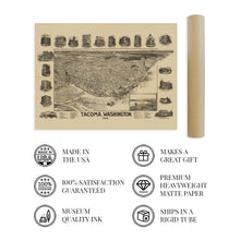 Cargar imagen en el visor de la galería, Digitally Restored and Enhanced 1893 Tacoma Washington Map Poster - Vintage Map of Puget Sound - Old Washington State Map Poster - Historic Pierce County Map - Bird&#39;s Eye View of Tacoma Wall Art
