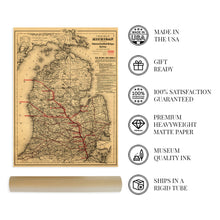 Load image into Gallery viewer, Digitally Restored and Enhanced 1886 State of Michigan Map - Vintage Map of Michigan Wall Art showing the Toledo, Ann Arbor &amp; North Michigan Railway - Vintage Michigan Map Poster
