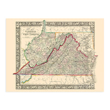 Load image into Gallery viewer, Digitally Restored and Enhanced 1863 Virginia and West Virginia Map - Vintage Map of Virginia Poster and West Virginia Wall Map - Old County Map of Virginia and West Virginia
