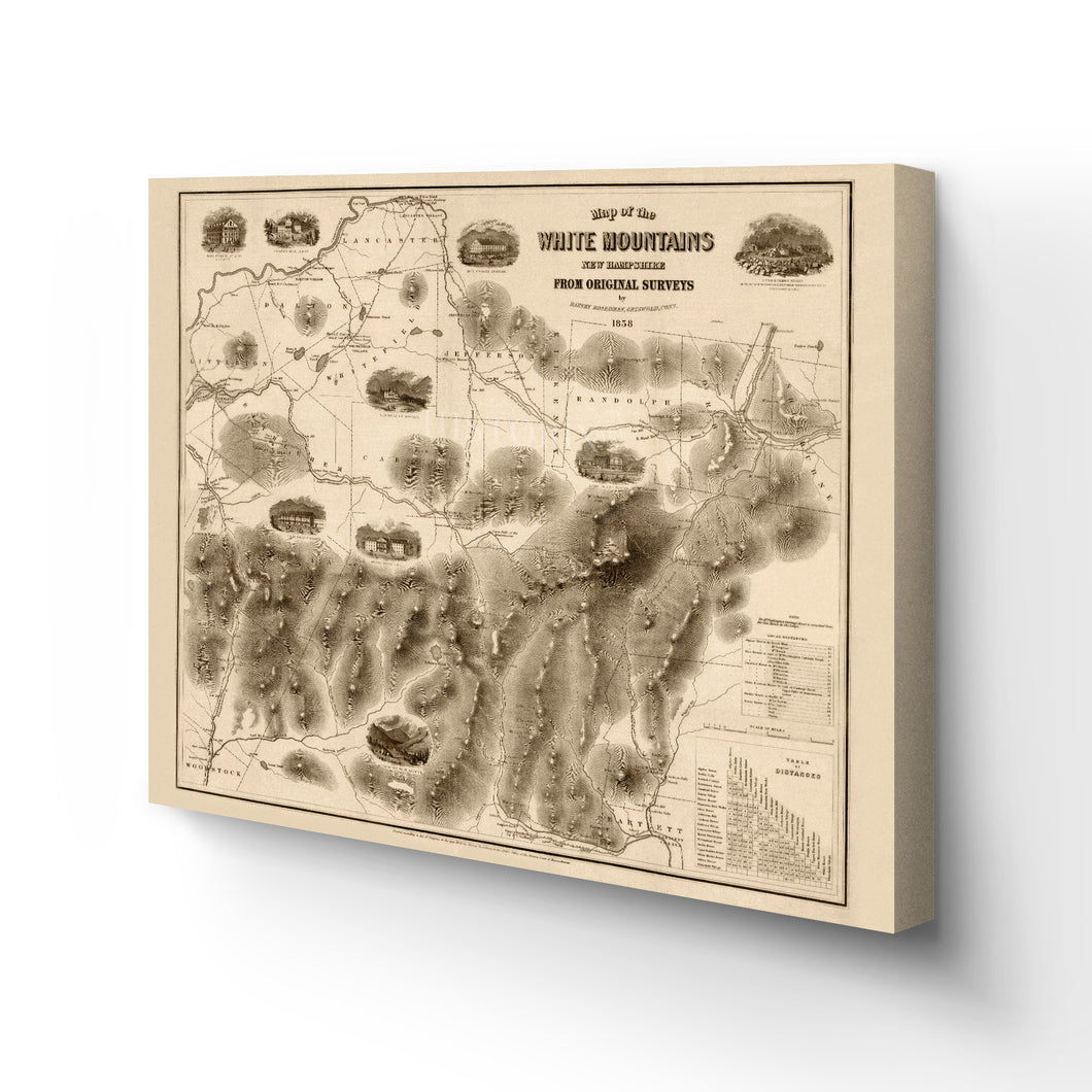 Digitally Restored and Enhanced 1858 White Mountains Map Canvas Art - Canvas Wrap Vintage Map of White Mountains Wall Art - Old White Mountains New Hampshire Map Poster From Original Surveys