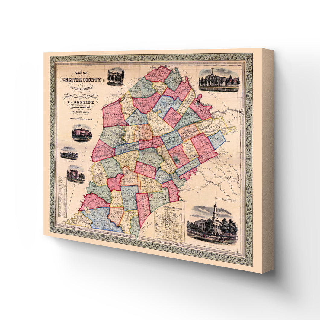 Digitally Restored and Enhanced 1856 Chester County Map Canvas - Canvas Wrap Vintage Pennsylvania Map Poster - Old Chester County PA Map - Restored Map of Pennsylvania Poster - Chester County Wall Art