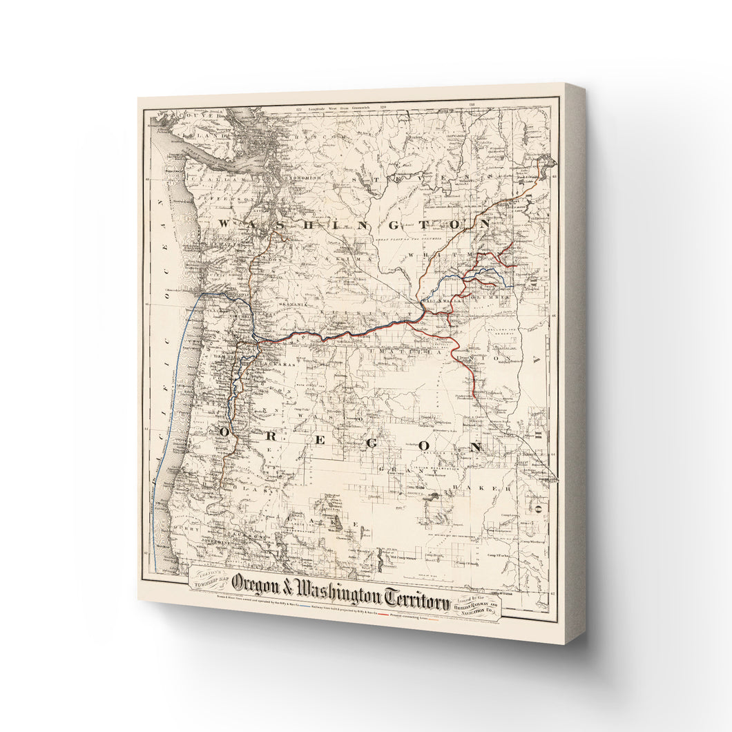 Digitally Restored and Enhanced 1880 Oregon and Washington Map Canvas - Canvas Wrap Vintage Oregon Map - Historic Oregon Wall Art - Old Map of Oregon State - Oregon & Washington State Map Territory