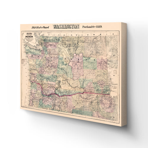 Digitally Restored and Enhanced 1889 Washington Map Canvas Art - Canvas Wrap Vintage Washington Wall Map - Restored Map of Washington State Poster - Township & County Map of Washington Wall Art