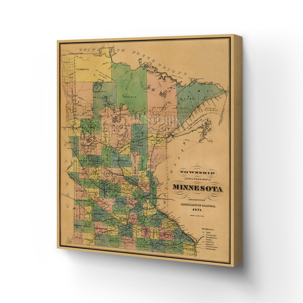 Digitally Restored and Enhanced 1874 Minnesota Map Canvas Art - Canvas Wrap Vintage Wall Map of Minnesota Poster - Historic Township & Railroad Map of Minnesota Map Wall Art Poster