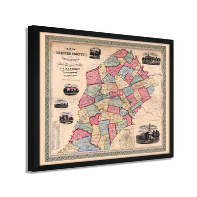 Digitally Restored and Enhanced 1856 Map of Chester County PA - Framed Vintage Pennsylvania Map Poster - Historic Chester County PA Map - Restored Chester County Pennsylvania Wall Art