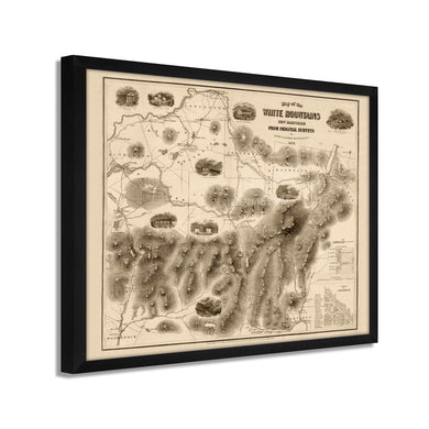 1858 White Mountains Map - 21x25 Inch Light Walnut Framed Vintage New Hampshire Map - Old White Mountains Wall Art - Map of White Mountains New Hampshire From Original Surveys