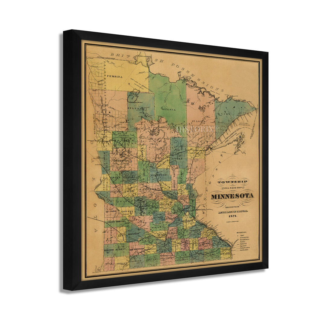 Digitally Restored and Enhanced 1874 Minnesota Map - Framed Vintage Minnesota Map - Old Minnesota State Map - Restored Township & Railroad Wall Map of Minnesota Wall Art Poster