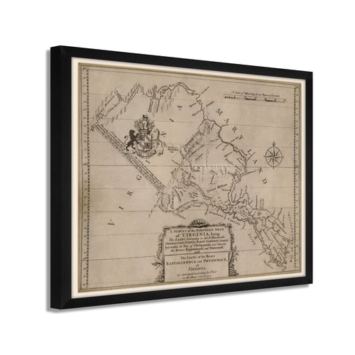 Digitally Restored and Enhanced 1747 Northern Neck Virginia Map - Framed Vintage Virginia Wall Map - Old Map of Virginia - A Survey of The Northen Neck of Virginia Map Wall Art Poster Print