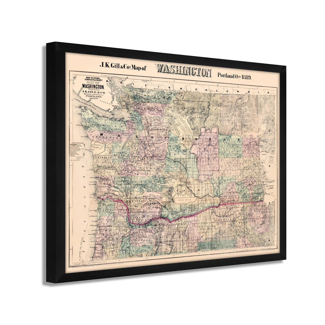 Digitally Restored and Enhanced 1889 Washington Map Framed Vintage Washington Wall Art - Old WA State Map - Restored Washington Wall Map - Township & County Map of Washington State
