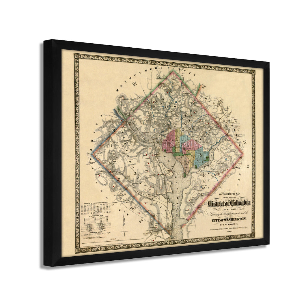 Digitally Restored and Enhanced 1862 Washington DC Map - Framed Vintage Washington DC Map - Old Washington DC Map- District of Columbia Map & Environs Showing Fortifications Wall Art Poster